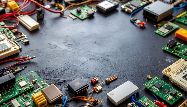 Electronic components and circuit boards framing a dark textured surface with copy space for technology and engineering concepts.