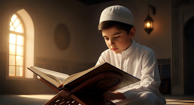 Young muslim boy reading the quran on a wooden stand in a dimly lit mosque
