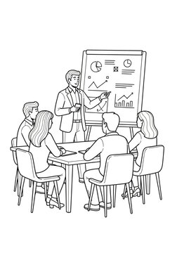 Business meeting with presentation and charts on flipboard.