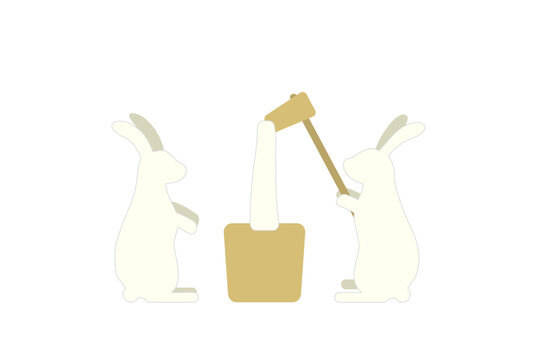 餅つきうさぎと杵と臼のシンプルなイラスト