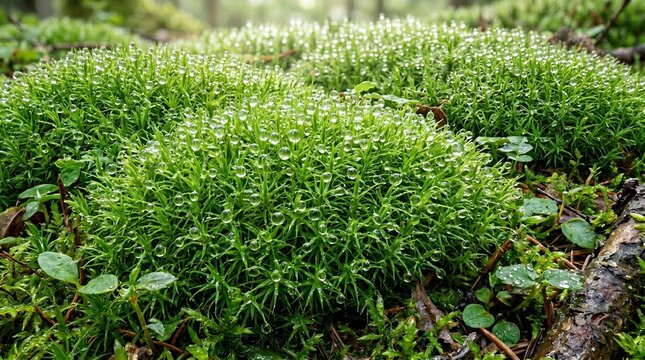 Extreme macro of green moss cushions covered with morning dew drops.