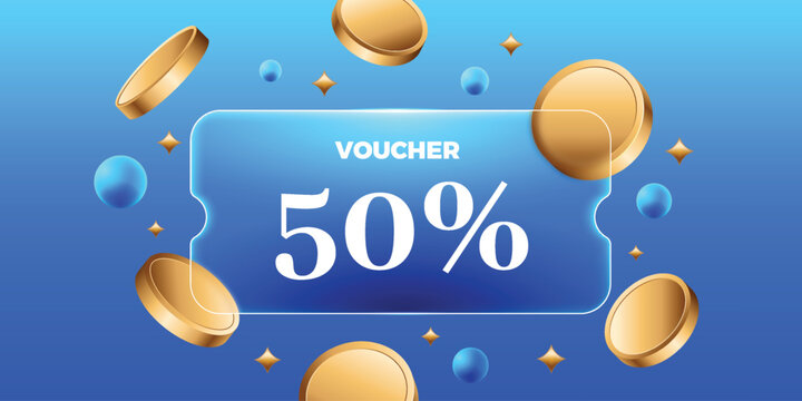 3d glass effect voucher design template with money flying in blue background