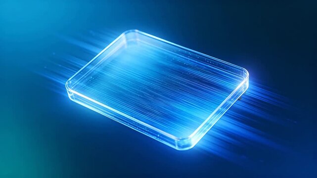 Transparent rectangular container emitting blue light on dark background