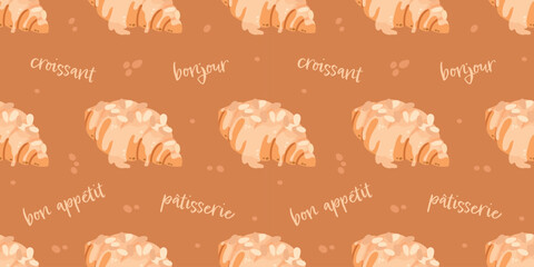Sweet seamless pattern featuring french croissants with almond flakes and handwritten words bon appetit and bonjour on a warm brown background. Elegant bakery vector texture for coffee shop branding © Helen