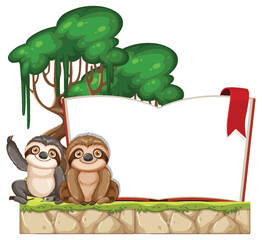 Fototapeta premium Two Cartoon Sloths Beside Open Book in Forest Setting