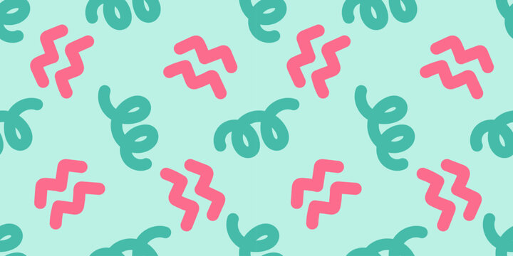 Playful abstract seamless pattern in retro memphis style with colorful zigzags and squiggles on a light mint green background. Creative vector texture for kids fabric and stationery design