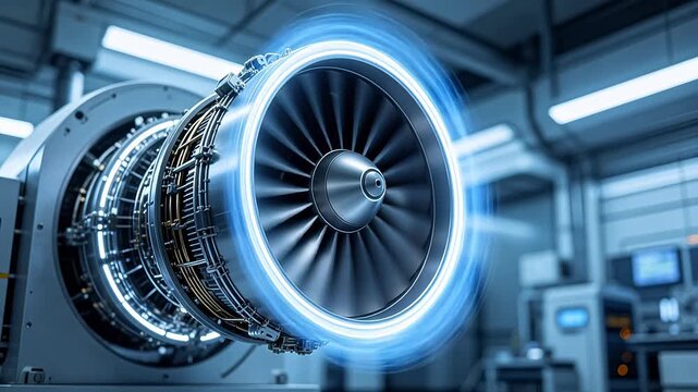 Large turbo engine with spinning fan blades and blue light in industrial plant