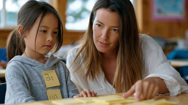 ESL teacher crouching beside a newly arrived child pointing to classroom objects and labeling them with sticky note vocabulary cards, welcoming integration approach, September