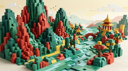 Fototapeta premium Colorful Lego Style Pixel Art Landscape With Asian Temple and Mountainous Terrain