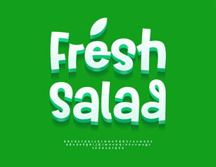 Naklejka premium Vector Green label Fresh Salad. Modern White 3D Font. Creative Alphabet Letters and Numbers set.