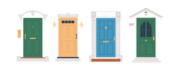 Naklejka premium Classic front doors set. Home building entrances with steps, pilasters, lamps, mail slot. Entry designs with glass window, lock, house number. Flat vector illustrations isolated on white background