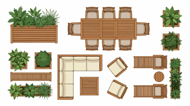 Outdoor patio furniture top view set, wooden garden furniture with sofa and dining table, landscape design elements for architectural floor plans
