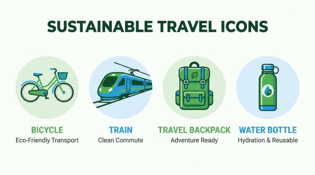 Sustainable travel icons: bicycle, train, backpack, water bottle
