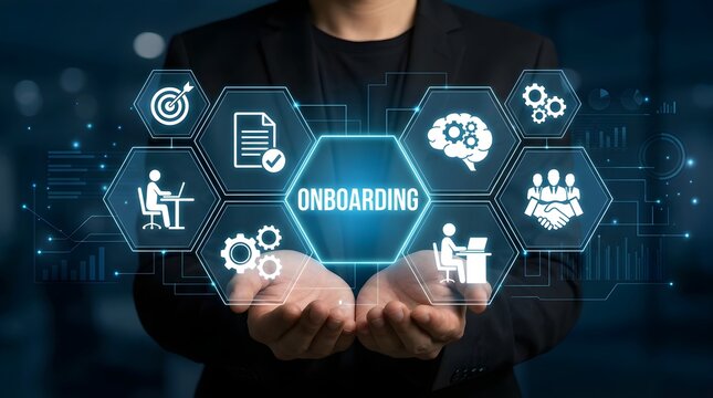 Business professional presenting onboarding process with digital interface and icons for new employee training and development