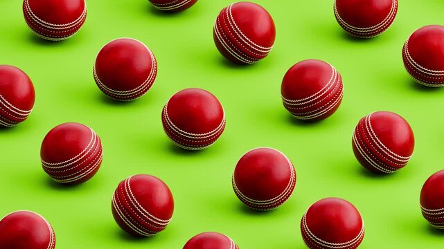 Seamless 3D Animation of Cricket Balls Rolling on Green Background, Pattern Loop