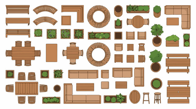 Outdoor furniture top view vector set, wooden patio garden furniture icons, landscape design floor plan elements for terrace and backyard