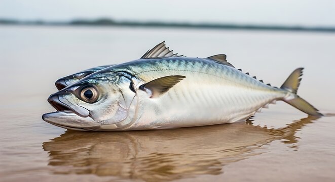 Freshly caught silver fish lying on wet sand at a beach with ocean background
