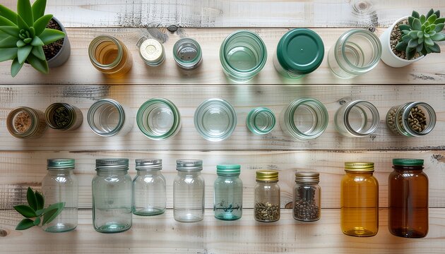 Top view of various glass jars and small succulent plants on wooden table