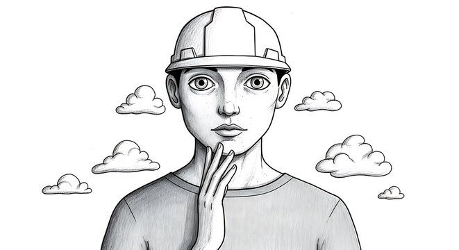 Thoughtful young man in hard hat contemplating future with clouds.