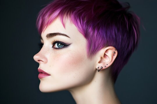 Woman with vibrant purple pixie cut