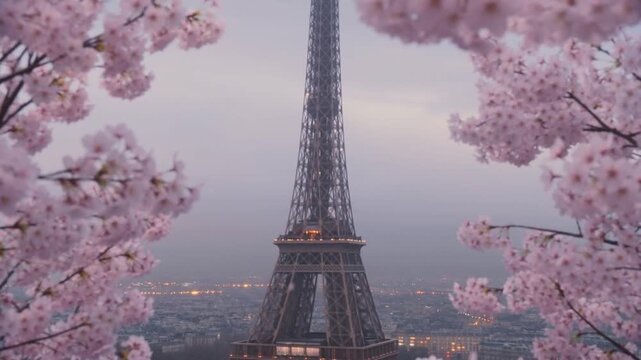 Cherry blossoms bloom near the Eiffel Tower in Paris during early spring morning light