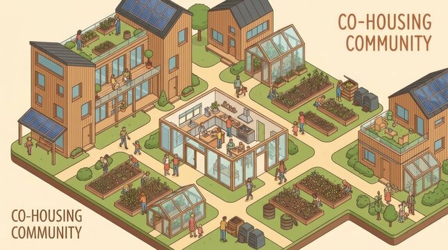 Sustainable co-housing community with urban farming and shared spaces