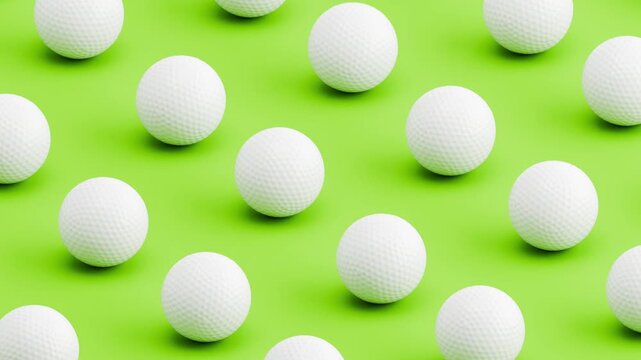 Seamless 3D Animation of Golf Balls Rolling on Green Background, Pattern Loop