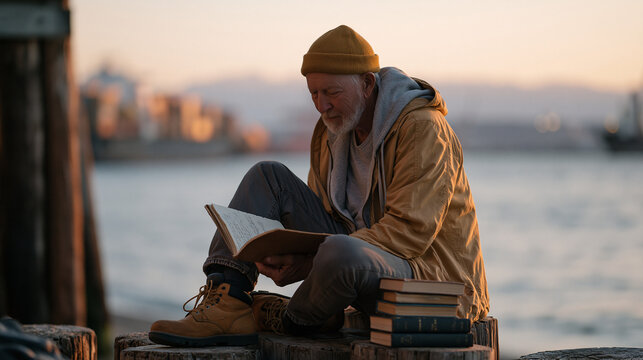 Retired longshoreman sits alone on weathered pier pilings at dusk, studying a handwritten ledger as container ships queue on the horizon, the port strike halting cargo movement