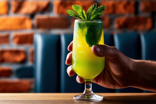 Green citrus cocktail held by hand in a rustic bar with brick wall and cinematic lighting for restaurant menu design