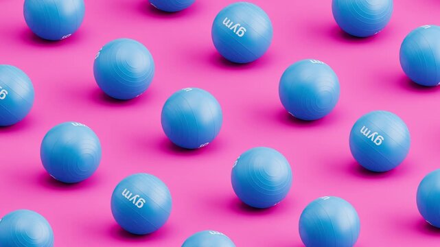 Seamless 3D Animation of Fitness Balls Rolling on Purple Background, Pattern Loop
