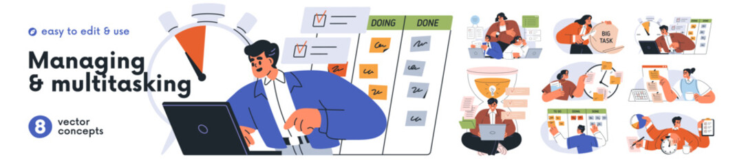 Obraz premium Business management, multitasking concept set. Project managers, office workers with schedules, deadlines. Tasks organization, planning work time. Flat vector illustration isolated on white background