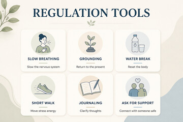 Obraz premium A graphic displays six self-regulation tools: Slow Breathing, Grounding, Water Break, Short Walk, Journaling, and Ask for Support.