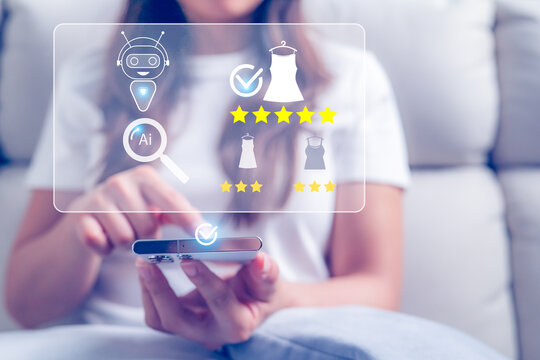 Woman using a smartphone with AI fashion recommendation interface showing product ratings and shopping selection, representing personalized ecommerce and smart purchase decisions