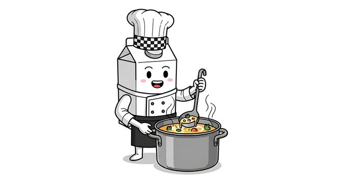 Cheerful robot chef cooking in kitchen.
