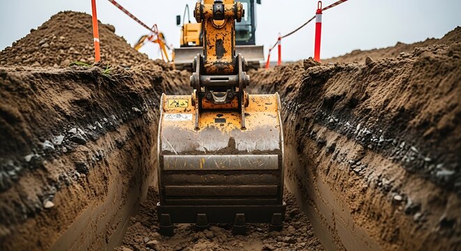 Heavy duty excavator digging deep soil trench at construction site