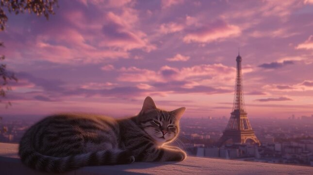 Cat rests on a ledge with a view of the Eiffel Tower during sunset in Paris