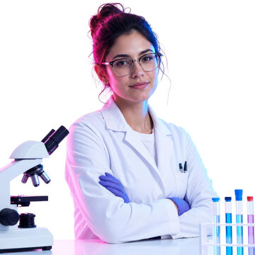 Young Confident Female Scientist in Lab Coat with Microscope and Test Tubes Isolated