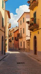 Obraz premium Sunlit narrow street with pastel buildings and potted plants on balconies. Cobblestone path leads through quiet European town. Blue sky with clouds above.