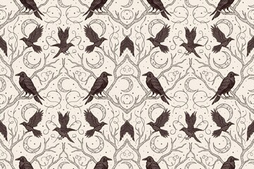 Obraz premium Seamless pattern featuring dark ravens perched on bare tree branches with crescent moons and celestial symbols on a light cream background
