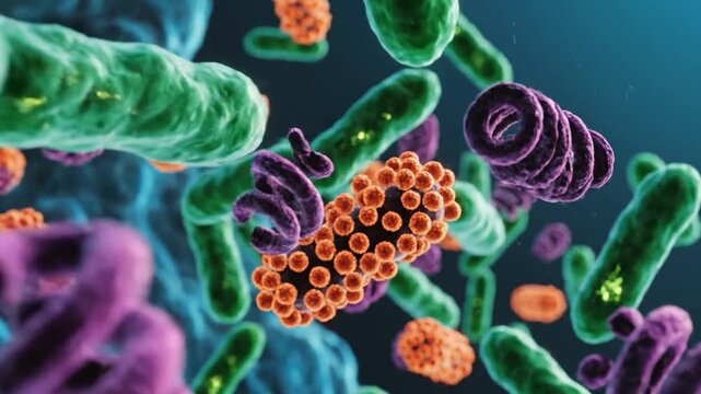Microscopic Organisms and Bacteria-Like Forms Floating in Fluid, Detailed Macro View