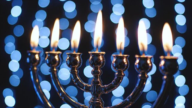 Modern Silver Menorah With Blue Flames Illuminated Against a Bokeh Background
