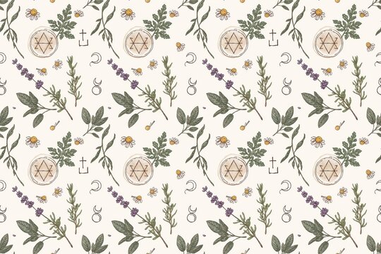 Seamless pattern featuring hand-drawn botanical herbs, lavender sprigs, chamomile flowers, and mystical occult symbols on white background