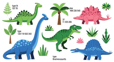 Fototapeta premium Cute cartoon dinosaur vector set with colorful flat t-rex stegosaurus brachiosaurus and prehistoric plant elements for kids nursery