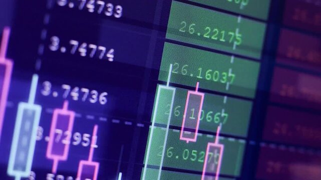 Close-up view of seamlessly looped animation with candlestick chart, financial metrics. Abstract stock market video with shallow dof, perfect background for financial news and forex trading reports