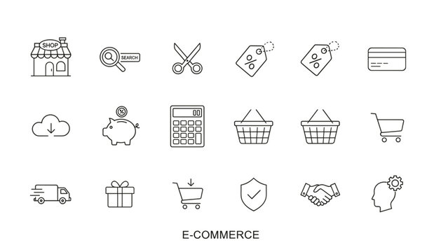 Diverse collection of e-commerce icons featuring shop, search, discount, credit card, cloud, piggy bank, and shopping carts.