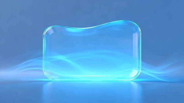 Translucent curved rectangular frame with blue glowing edges and light flow on light blue background