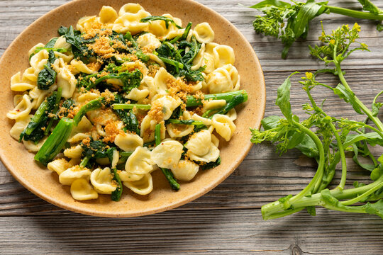 Orecchiette pasta with broccoli rabe (Orecchiette con Cime di Rapa) with traditional crunchy topping (Muddica). Raw broccoli rabe sprigs with buds from your own garden on the side. 