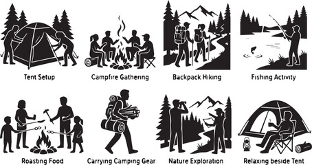 Obraz premium Outdoor camping activities illustrations with people hiking, fishing, roasting food, and setting up tent in nature