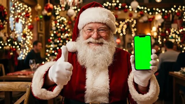 A joyful Santa Claus in standard red suit smiling while showing a smartphone with a blank green screen chroma key and giving a thumb up sign in restaurant with lights