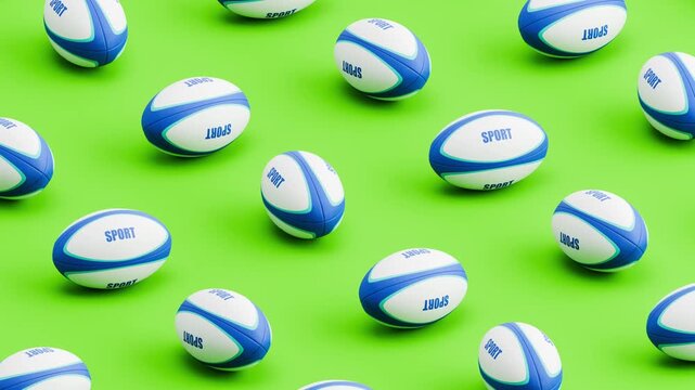 Seamless 3D Animation of Rugby Balls Rolling on Green Background, Pattern Loop